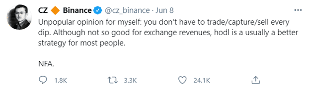 Captura de pantalla de un tweet de CZ de Binance