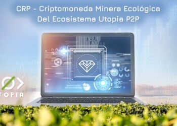 Laptop con el logo de Utopia en pantalla sobre cultivo