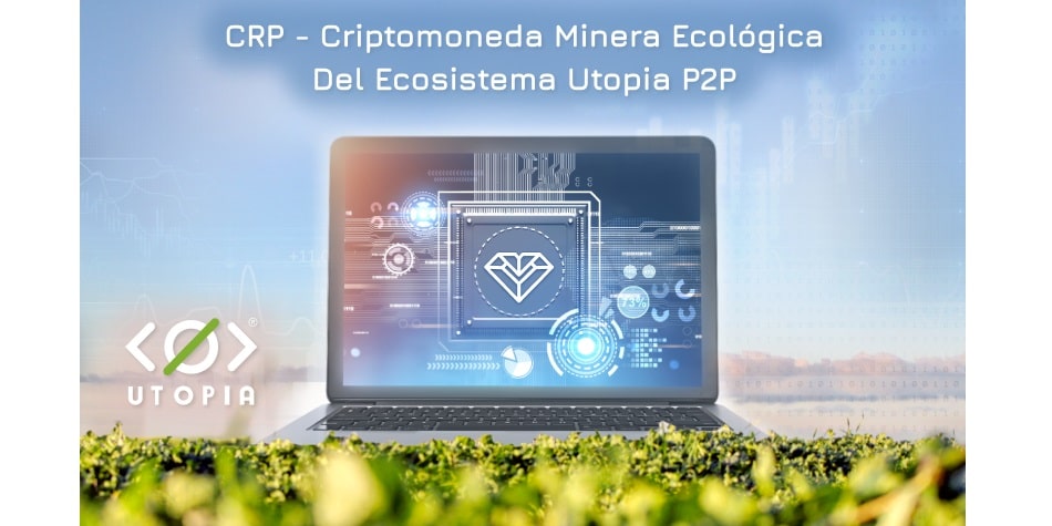 Laptop con el logo de Utopia en pantalla sobre cultivo