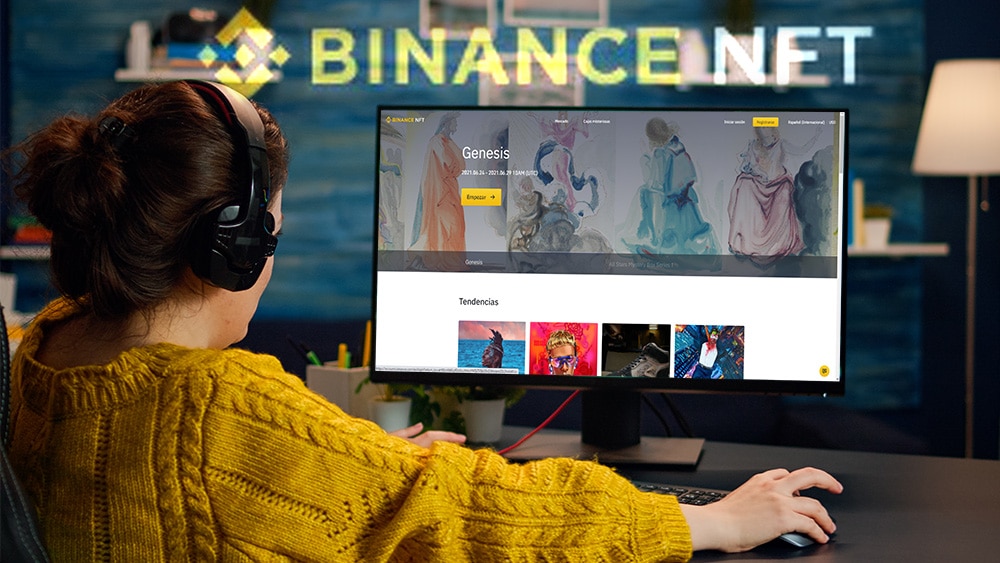 Binance pretende «liderar el metaverso» de los NFT con el lanzamiento de su marketplace de tokens coleccionables. Composición por CriptoNoticias. Binance / binance.com; DC_Studio / elements.envato.com.