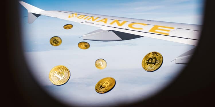 Avión con logo de Binance y btc cayendo del cielo.