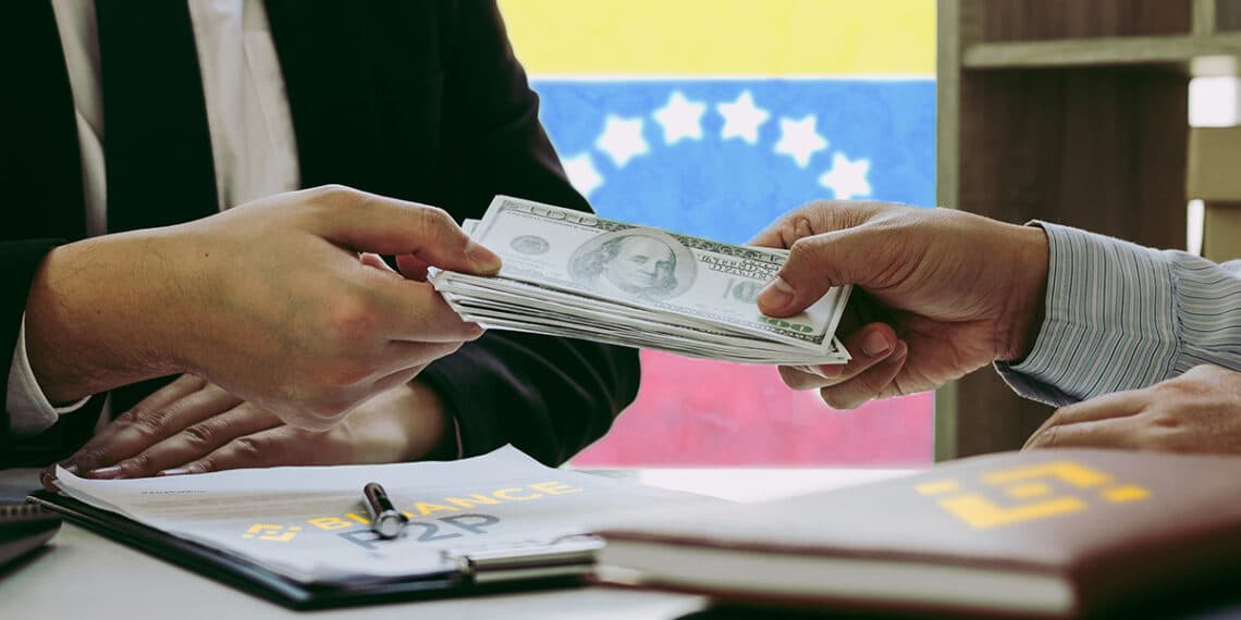 Intercambio de dólares con bandera de Venezuela al fondo y logos de Binance P2P.