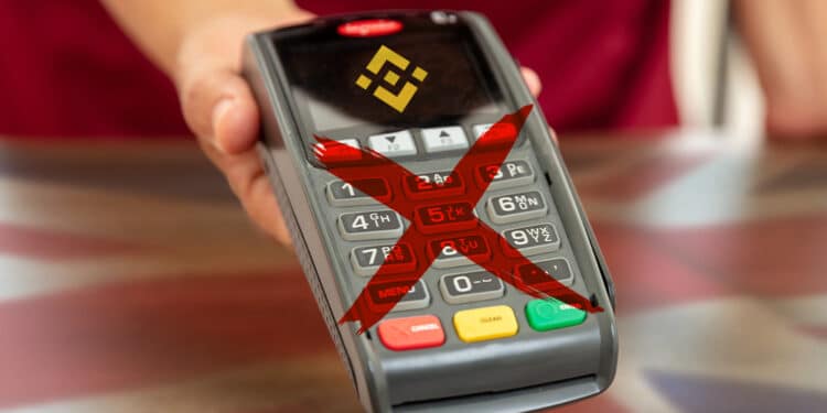 Medio de pago con logo de Binance y X encima. Bandera de Reino Unido al fondo.