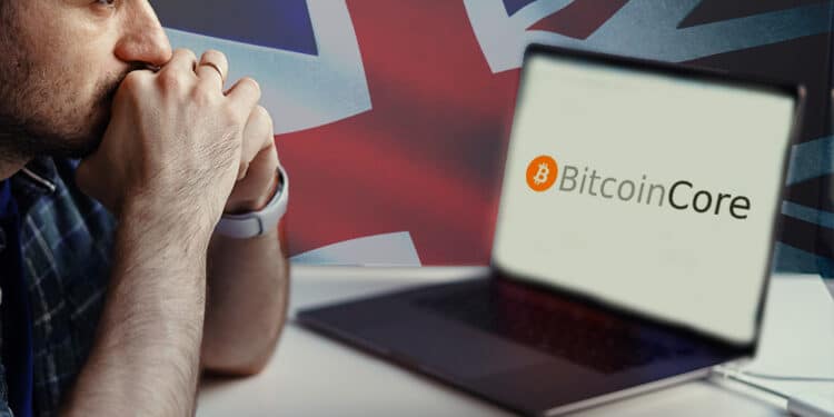 Pantalla con logo de Bitcoin Core, bandera de Reino Unido y hombre preocupado.