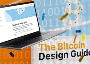 Guía de diseño de Bitcoin con poster y pantalla del sitio web.