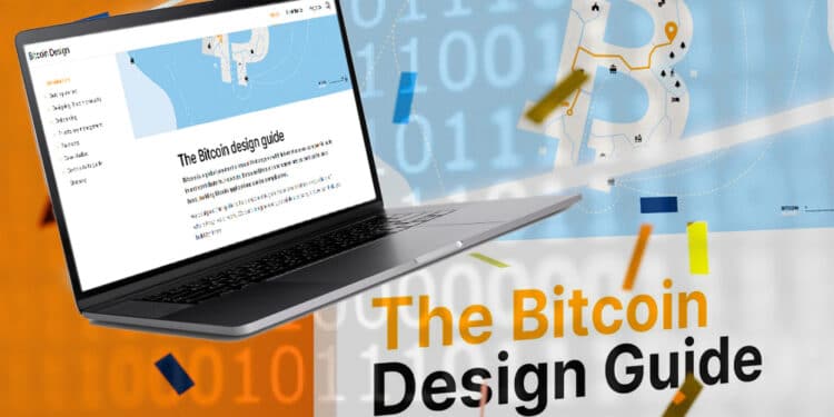 Guía de diseño de Bitcoin con poster y pantalla del sitio web.