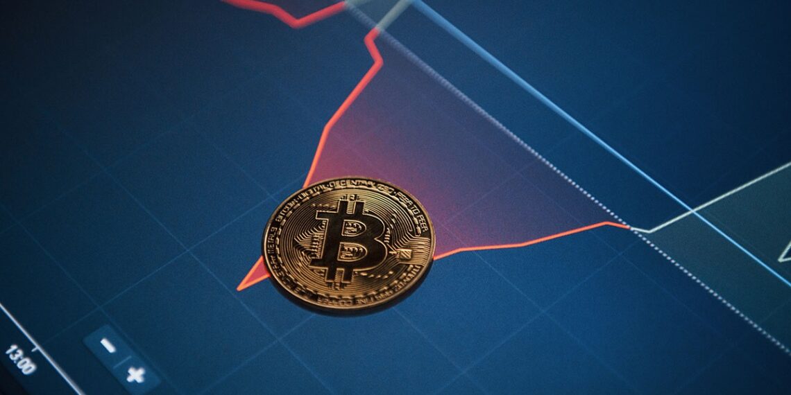 Moneda bitcoin sobre gráfico de variación de precio