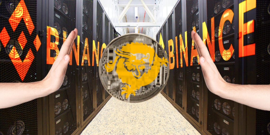 Granja minería con logo de Binance y BSV en el centro con manos rechazándolo.