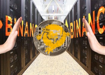 Granja minería con logo de Binance y BSV en el centro con manos rechazándolo.