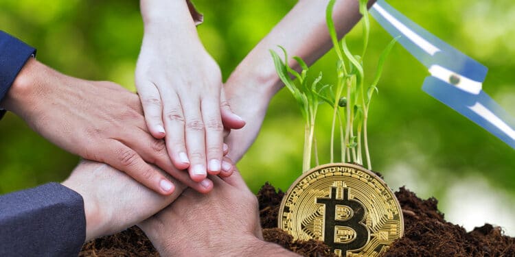 BTC fertil con manos uniéndose en equipo y bandera de El Salvador.