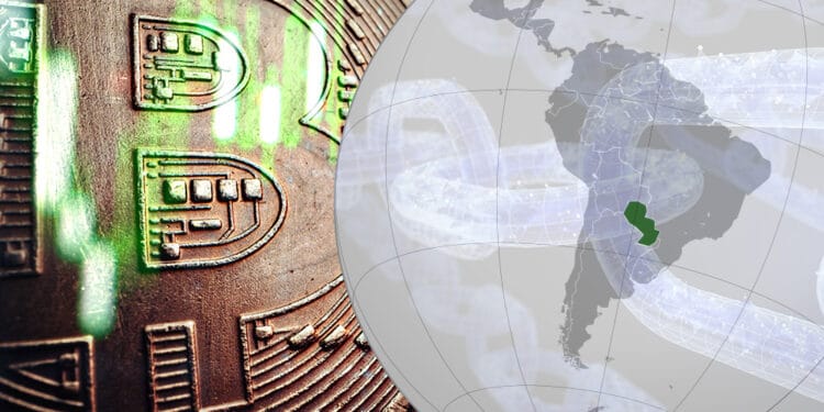 BTC con gráfico y mapa mundi con blockchain y Paraguay resaltado.