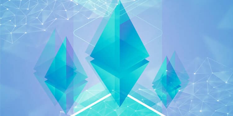 Logo de Ethereum y retícula azul.