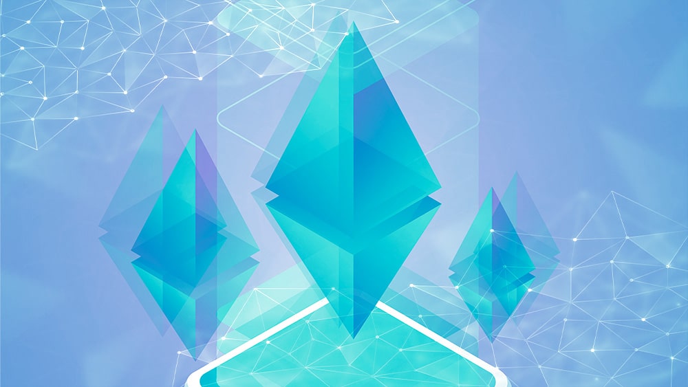 Logo de Ethereum y retícula azul.