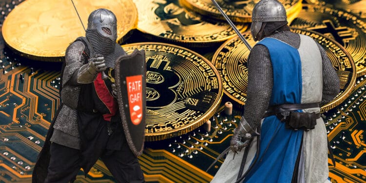 Luchadoes medievales, con logo de GAFI en el escudo y btc de fondo.