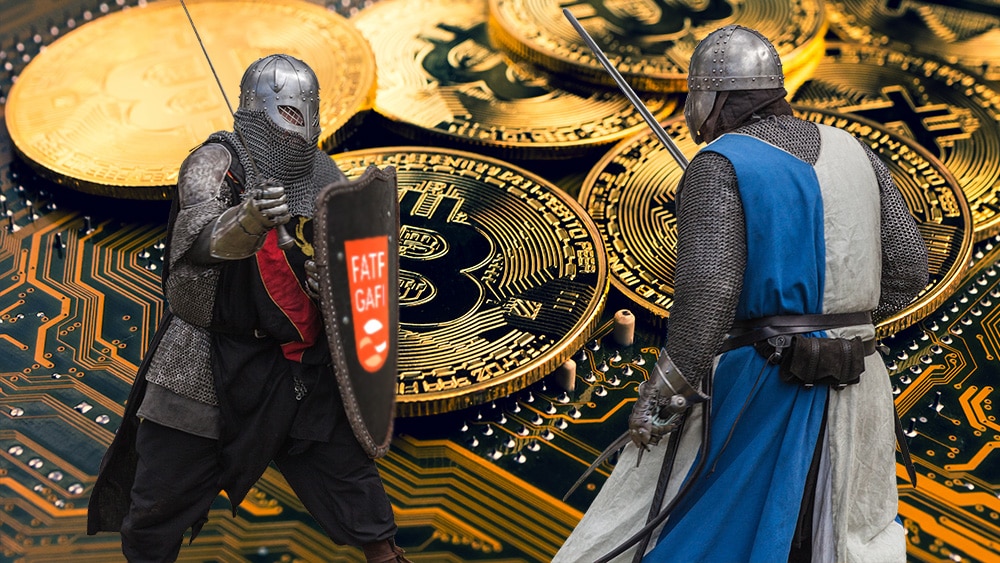 Luchadoes medievales, con logo de GAFI en el escudo y btc de fondo.