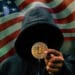 Hacker con bitcoin y bandera USA.