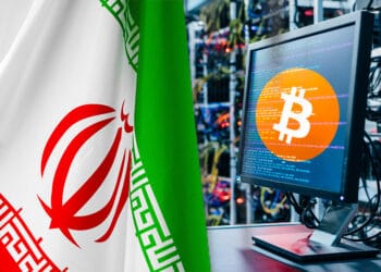Granja bitcoin y bandera de Irán.