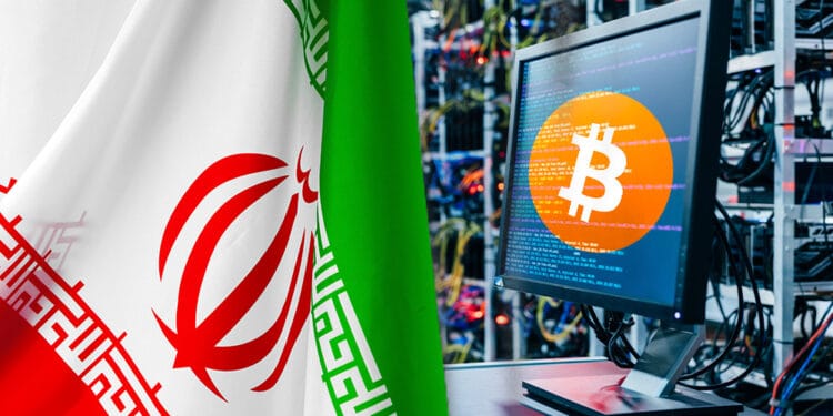 Granja bitcoin y bandera de Irán.