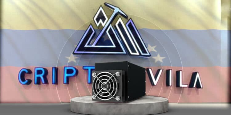 Minero sobre podio con logo de criptoávila y bandera de Venezuela en el fondo.