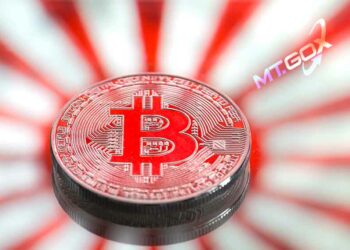 Bandera de Japón con bitcoin y logo de MTGox.