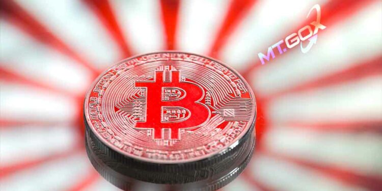 Bandera de Japón con bitcoin y logo de MTGox.