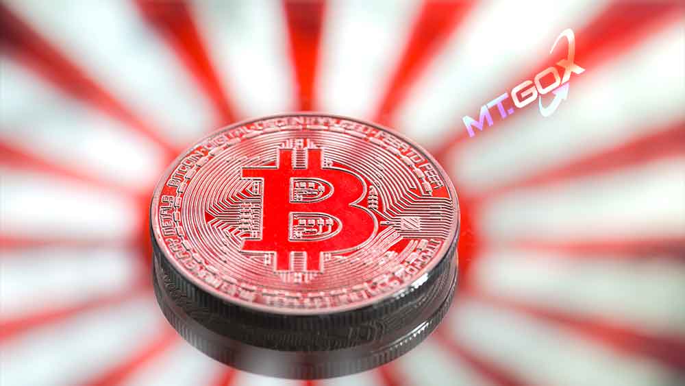 Bandera de Japón con bitcoin y logo de MTGox.