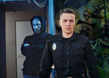 Policía y ladrón con btc de fondo.