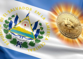 Bandera de El Salvador y bitcoin resplandeciente.