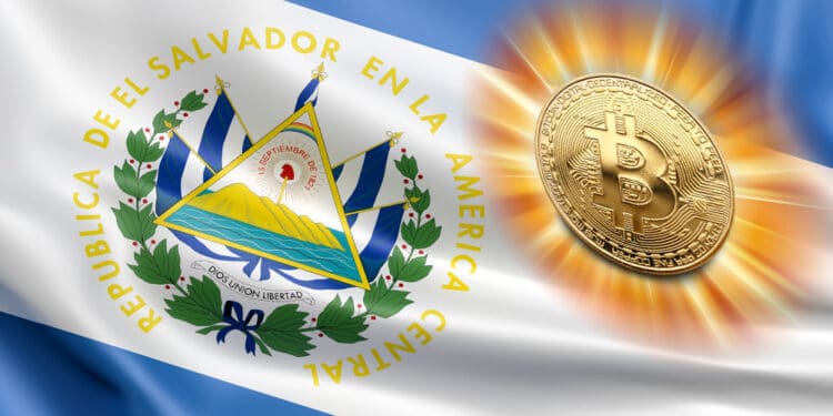 Bandera de El Salvador y bitcoin resplandeciente.