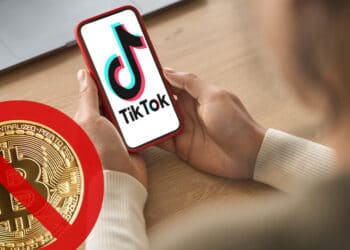 Teléfono con tik tok y btc con signo de prohibido.