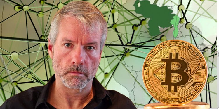 Saylor con btc y mapa mundi de Venezuela con redes.