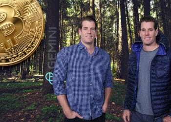 Winklevoss y bitcoin en el bosque con logo de Gemini.