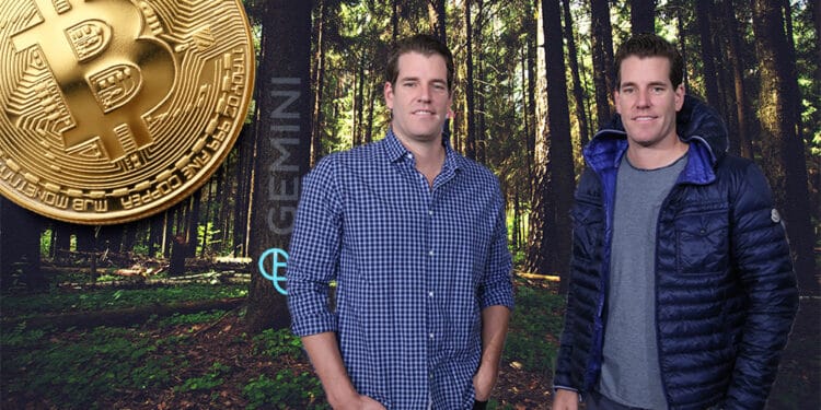 Winklevoss y bitcoin en el bosque con logo de Gemini.
