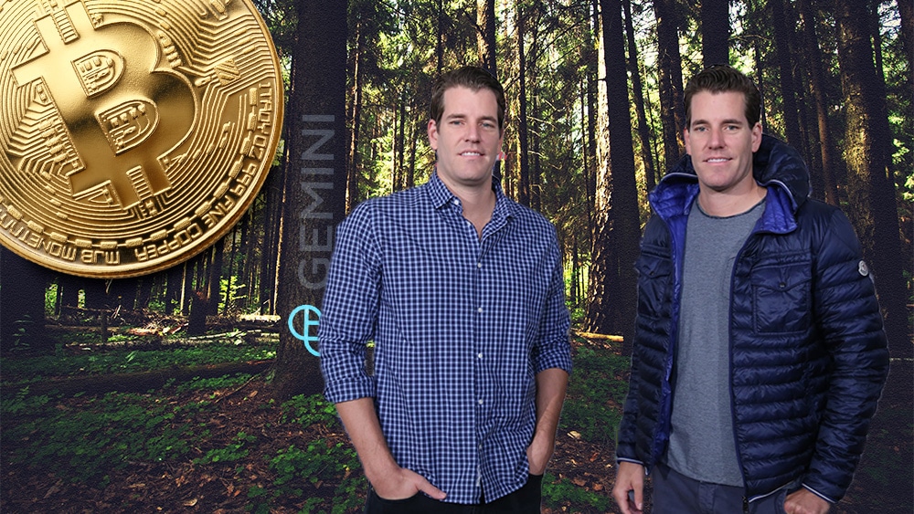 Winklevoss y bitcoin en el bosque con logo de Gemini.