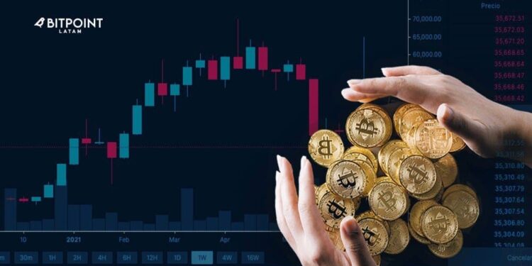 Puñado de monedas Bitcoins entre manos sobre grafica de precio