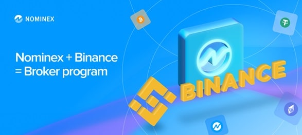 Logos de Binance y Nominex con criptomonedas girando alrededor como satelites.