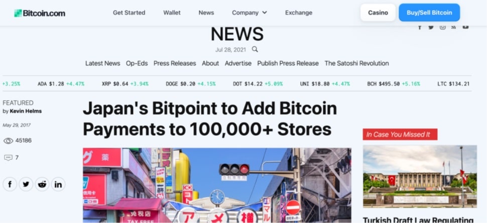 Titular del diario Bitcoin.com acerca de  la aceptacion de pagos en bitcoin por mas de 100.000 tiendas en Japón mediante BitPoint.