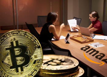 Mesa con logo Amazon y personas conversando, BTC en primer plano.