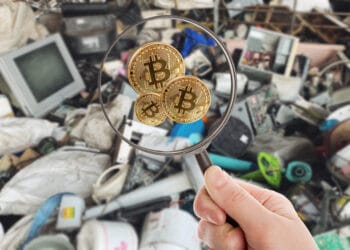 Basurero y lupa buscando bitcoins.