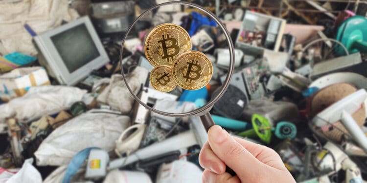 Basurero y lupa buscando bitcoins.