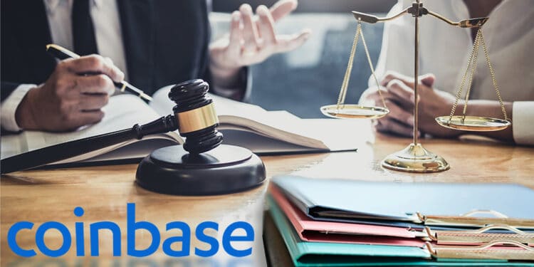 Mesa judicial con logo de Coinbase.