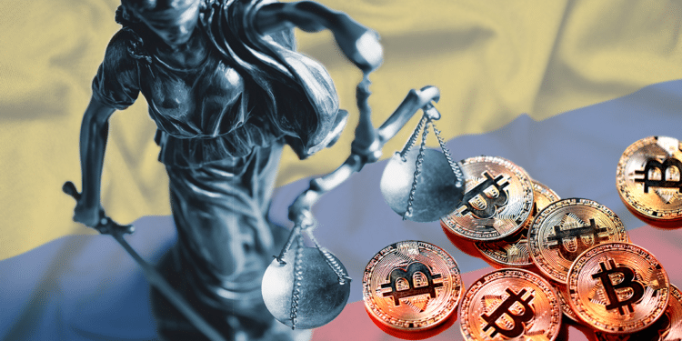 Símbolo de justicia con bandera de Colombia y BTC.