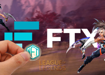 Escenario de LoL con logo de FTX y logo de NFT.