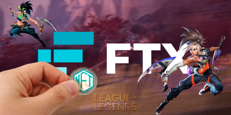 Escenario de LoL con logo de FTX y logo de NFT.