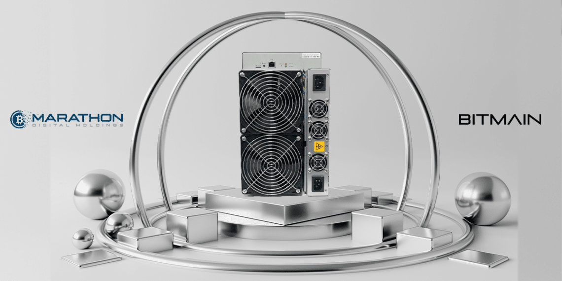 Minero con logo de Bitmain y Marathon.