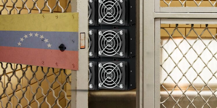 Cárcel con puerta abierta, mineros al fondo y bandera de Venezuela en la puerta.