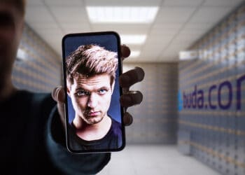 Persona mostrando selfie en teléfono y logo de buda.