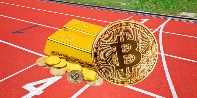 Oro y bitcoin en pista de atletismo.