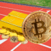 Oro y bitcoin en pista de atletismo.