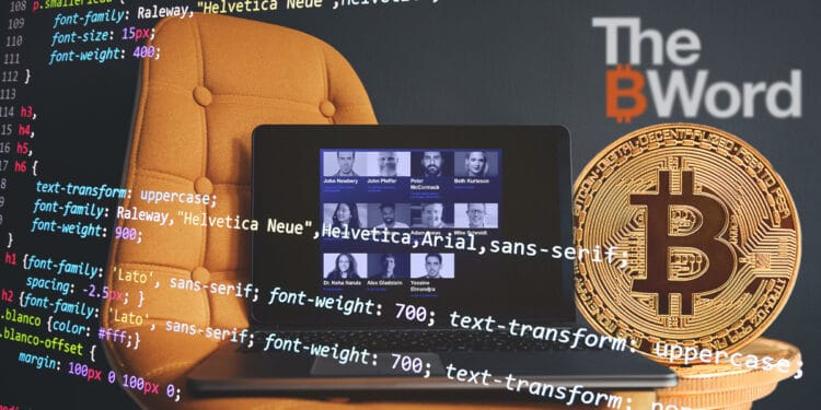 Laptop con evento The B Word, pila de bitcoins y códigos.